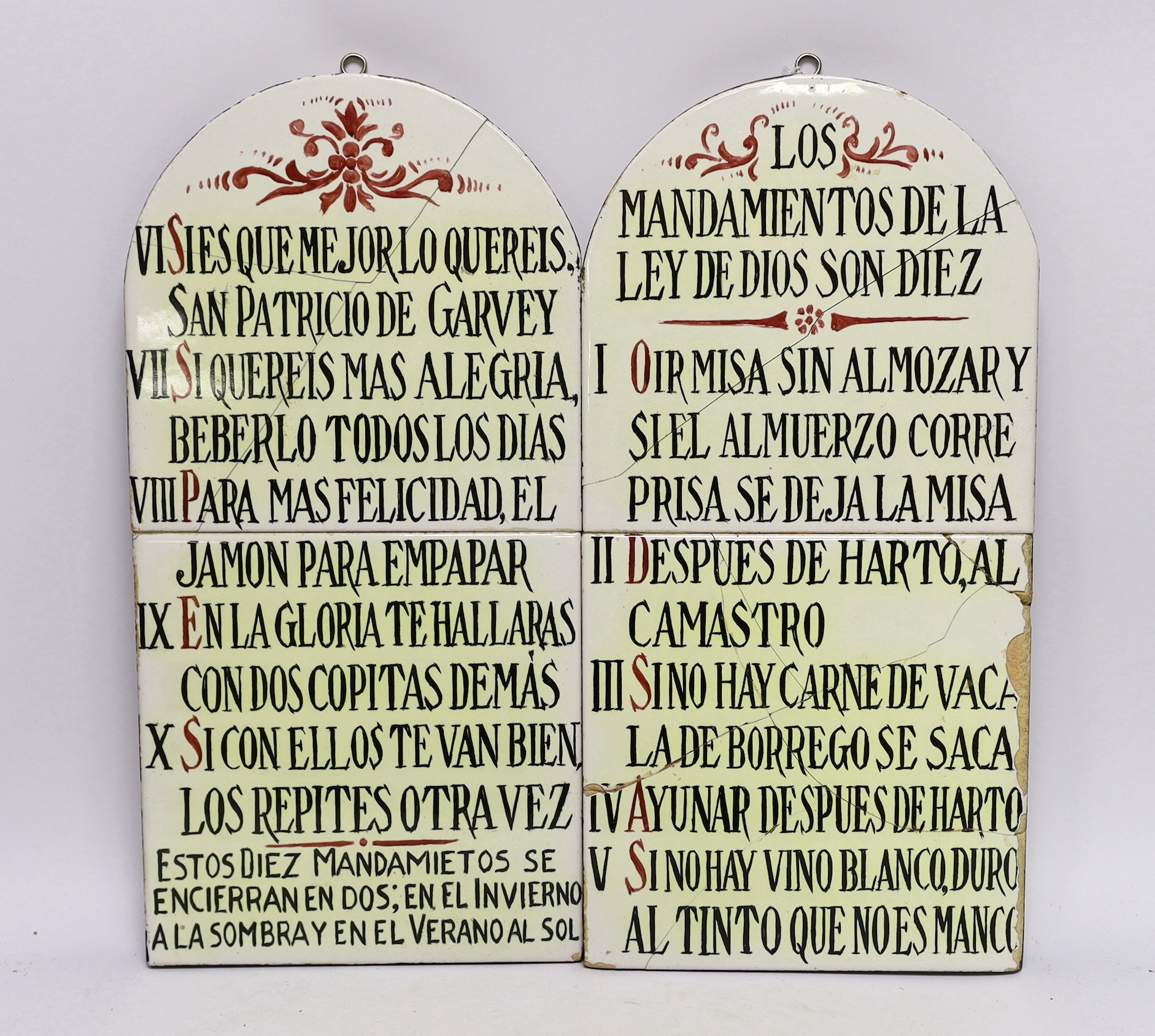 Two Spanish ‘Ten Commandment’ panels, 41x20cm